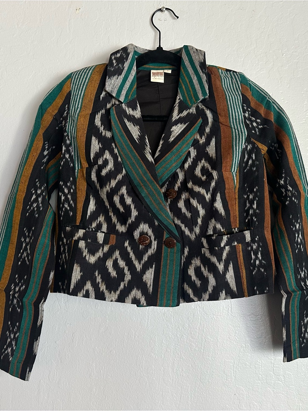 Striped Ikat Cropped Blazer Jacket in Black & Teal